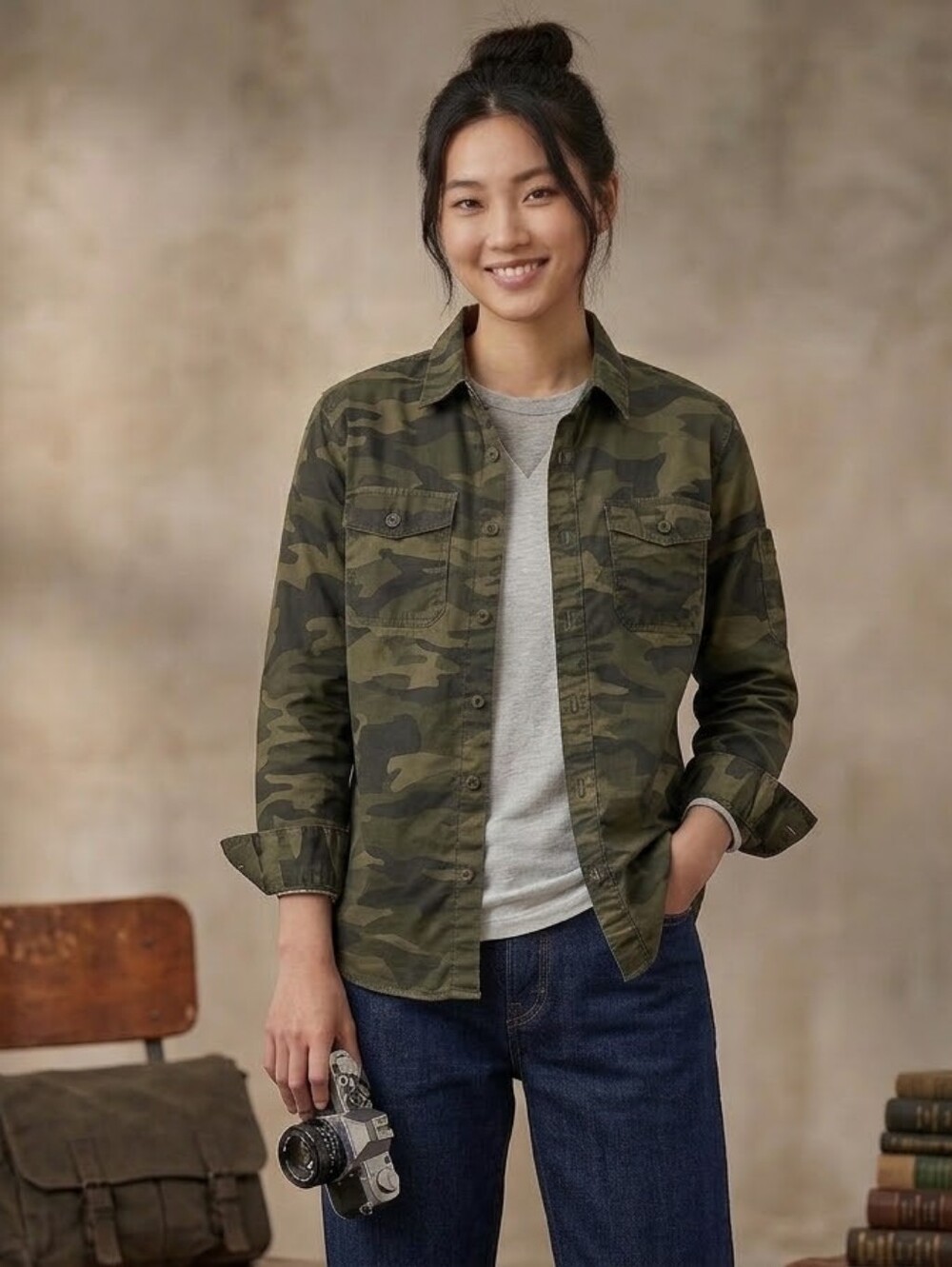 Abercrombie Camo Military Utility Button Down Shirt XS Lightweight Shacket